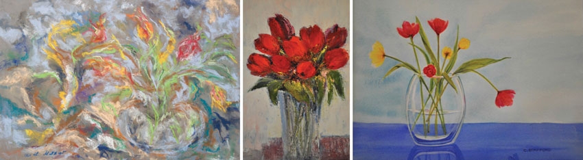 Tulips as interpreted by the three artists (from left, Christel Mottur-Pilson, Melinda Carlson and Cindy Stafford) showing in RiverArts’ exhibition, “Color, Rhythm and Harmony.” Opening reception is Friday, June 6 from 5-8 p.m.