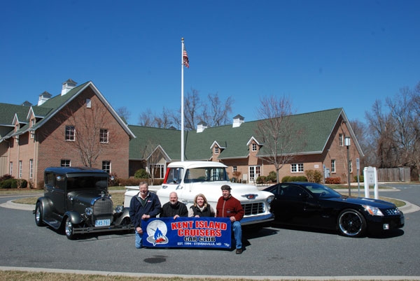 The Kent Island Cruisers Car Club are sponsoring a car show on April 18 to benefit Compass Regional Hospice. Pictured are (left to right) Ron Bryant, Kent Island Cruisers Car Club President Sheldon Siegle, Compass Regional Hospice Board Chair Kathy Deoudes, and Pete Pappas.