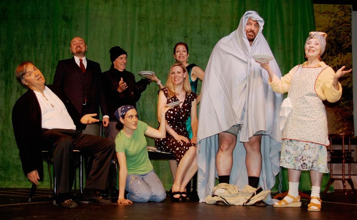 The cast, left to right, Lloyd (Will Robinson), Roger/Gary (Ricky Vitanovic), Burglar/Selsdon (Pat Patterson), Poppy (Christine Kinlock),Vivki/Brooke (Heather Oland), Flavia/Belinda (Jane Copple), Philip/Frederick (Patrick Fee), and Mrs. Clackett/Dottie (Maggie Garey) react to "A good old fashioned plate of sardines." in Church Hill Theatre’s production of the farce “Noises Off” playing weekends Sept. 11 through Sept. 27.