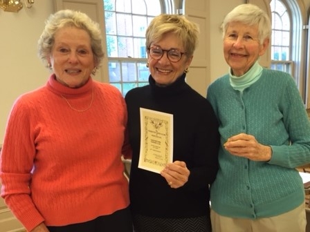 (L to R), Mackey Dutton, Beryl Kemp (President) and Sid Cooper.  They are receiving an award from The Federated Garden Clubs of Maryland, Inc. to the Chestertown Garden Club in recognition of their 85th Anniversary.