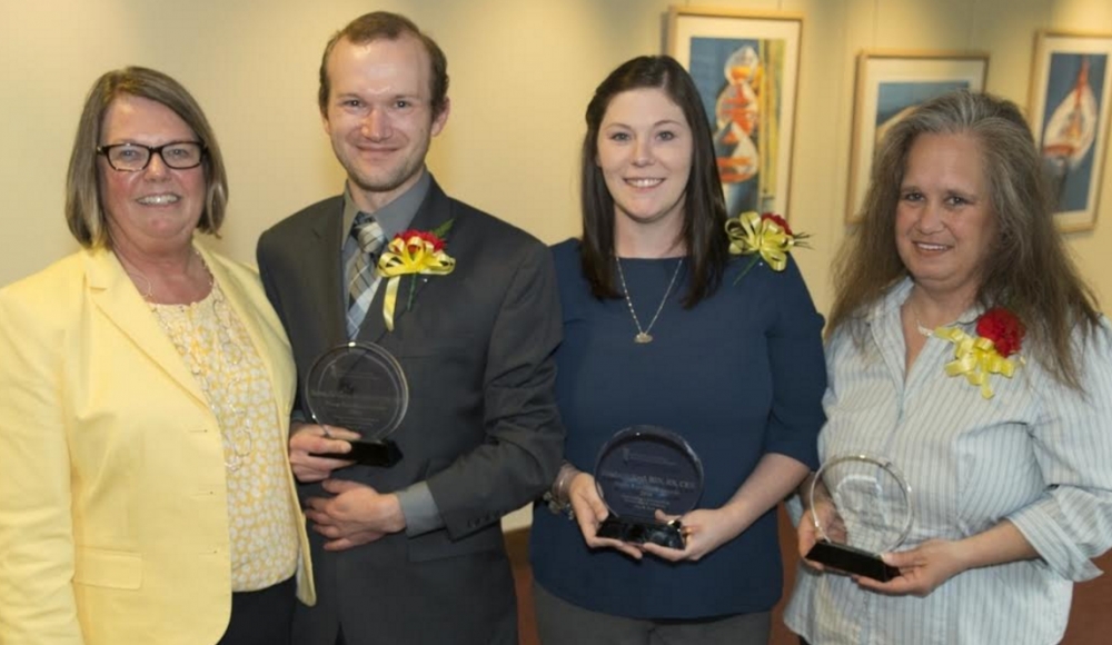 Ruth Ann Jones, UM SRH senior vice president, Patient Care Services and chief nursing officer, with 2016 Nurse Excellence Award winners Steven Jacobson, Kimberly Kral and Beverly Greaves. Jacobson and Greaves are members of the Emergency Department nursing team at UM SMC at Chestertown. 