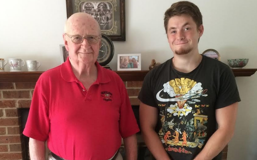 Roger Smith with WC student Nick Coviello who interviewed Smith for the StoryQuest World War II Home Front Project.