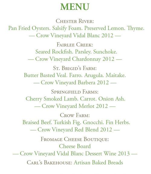 A menu for a recent event at Crow Farm and Vineyard.
