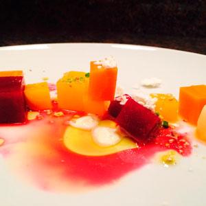 Square Root Escabeche (beet, carrot, parsnip) with alive oil powder.