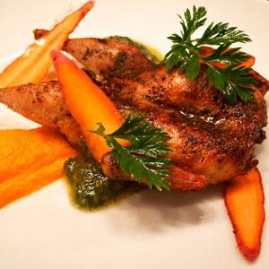 Ash-cured quail with texture of carrot.
