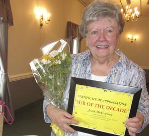 Jean McGeeney accepted the Sub of the Decade award for her consistent willingness to fill in whenever she was needed.
